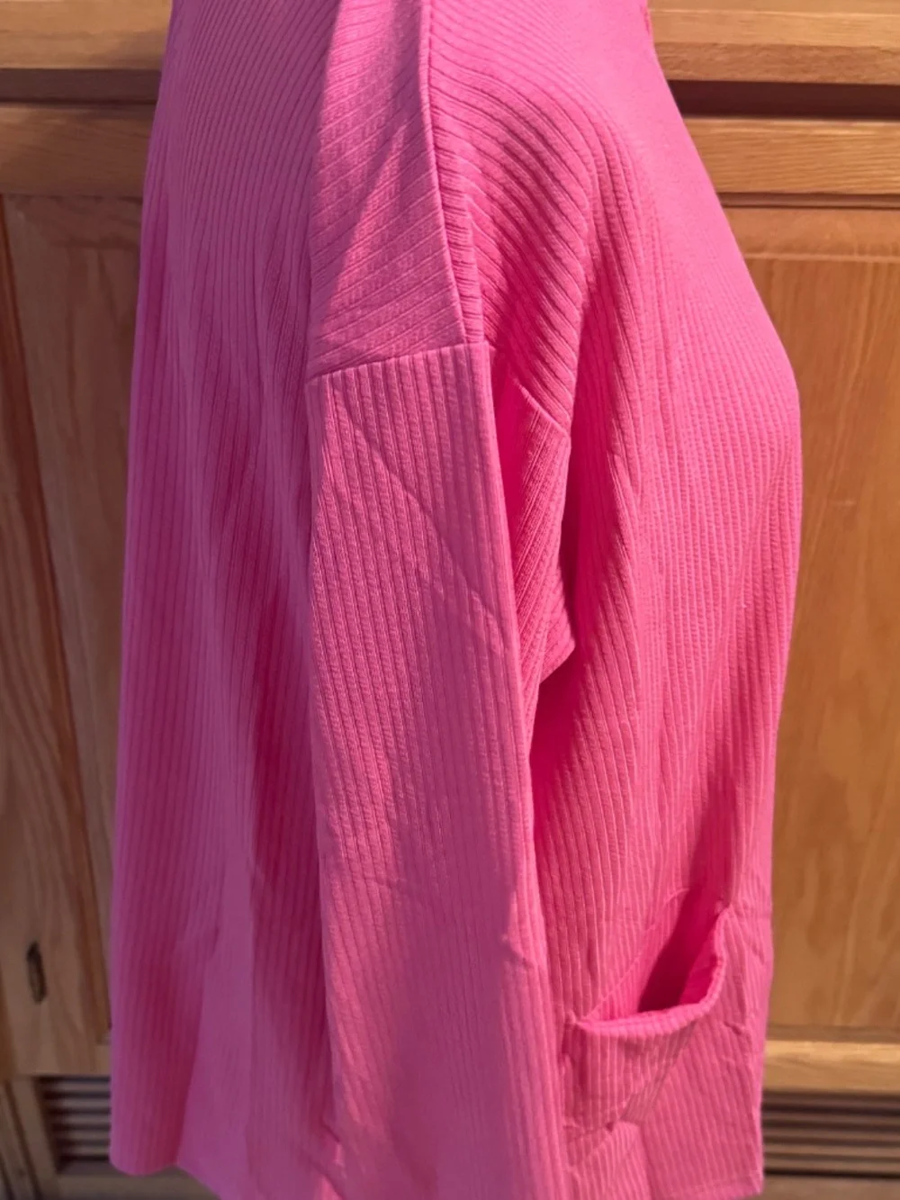 Women's Pink Ribbed Large Long Sleeve Zip Up Sweater With Pockets Classic Casual